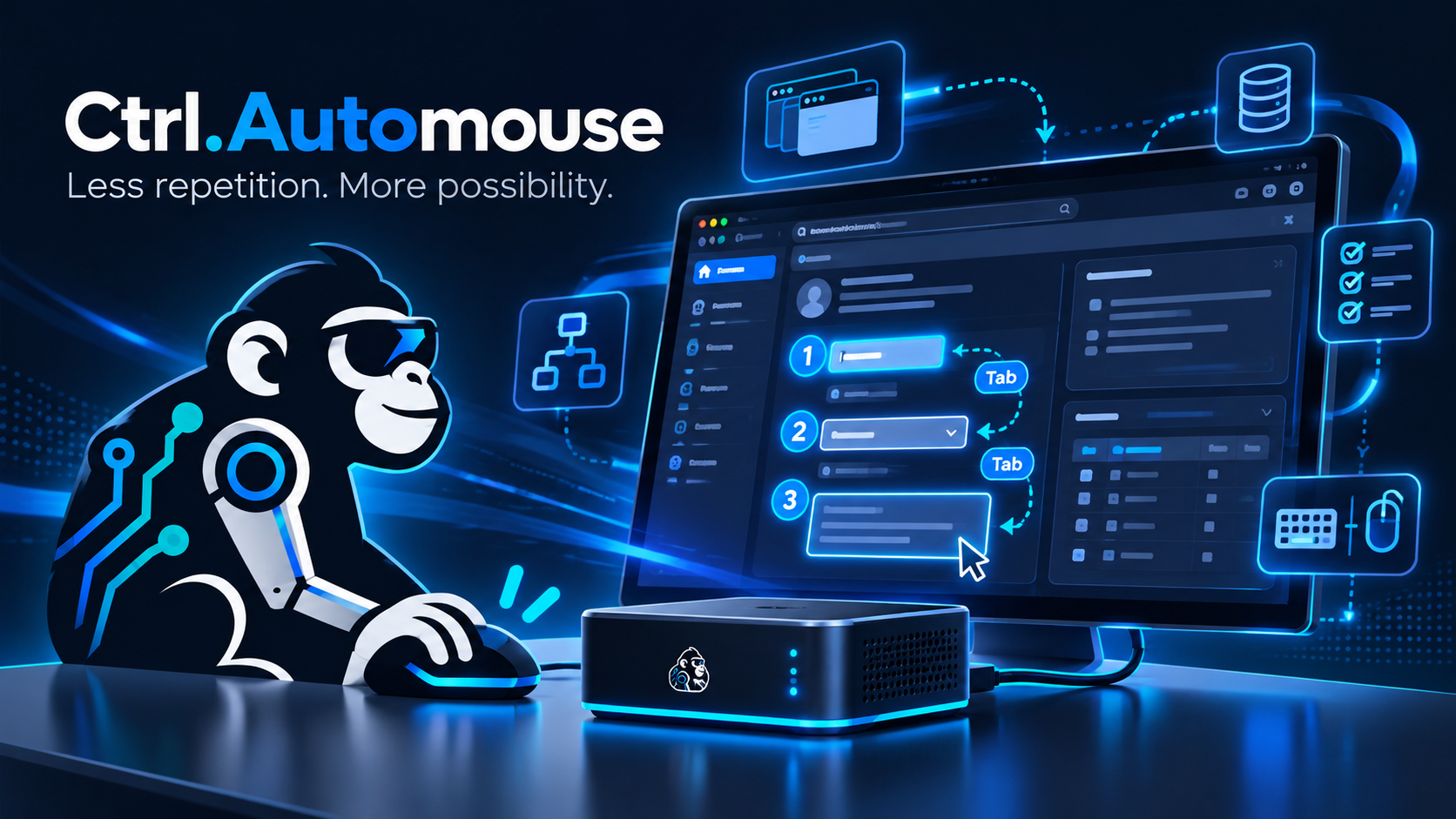 Illustration of the Ctrl.Automouse cyber-primate, USB automation appliance and numbered tab navigation in a fictional CRM
